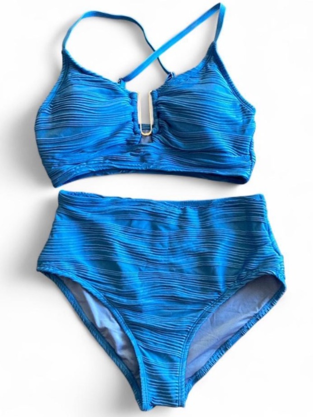 Blue Textured High-Waist Bikini Set